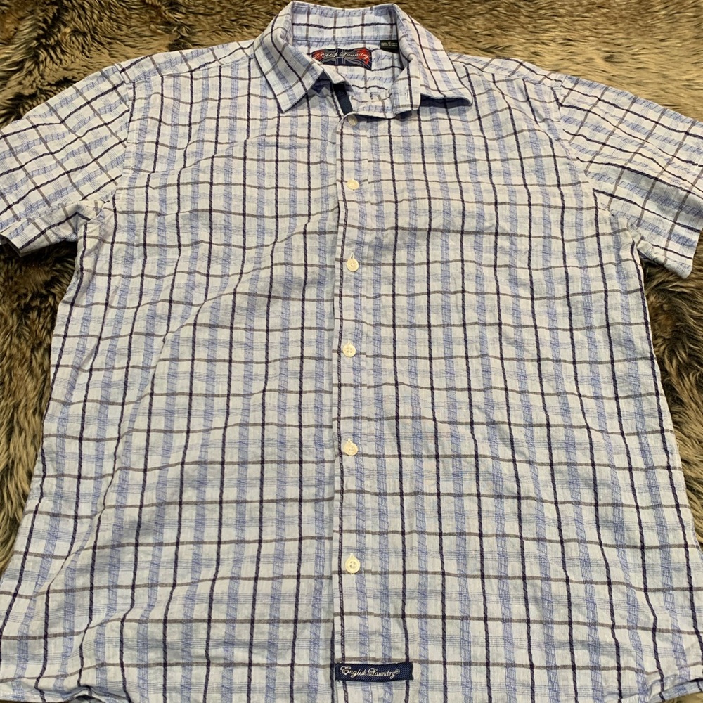 English Laundry Blue Plaid button down Short Sleeve Shirt Size M
